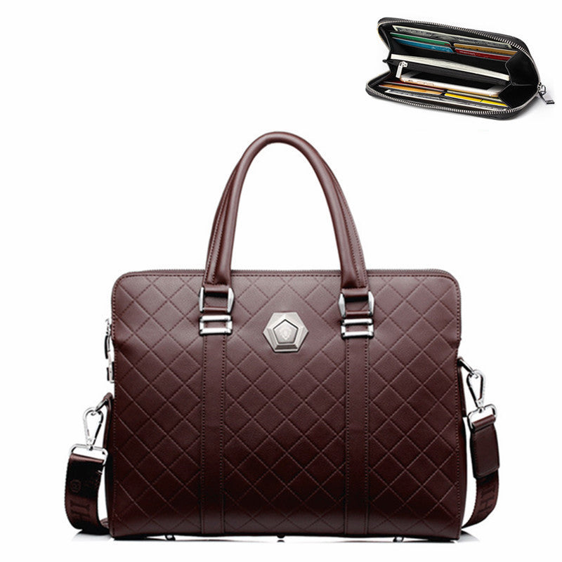 Men's Fashion Casual Wear Cowhide Leather Rhombus Zipper Bag