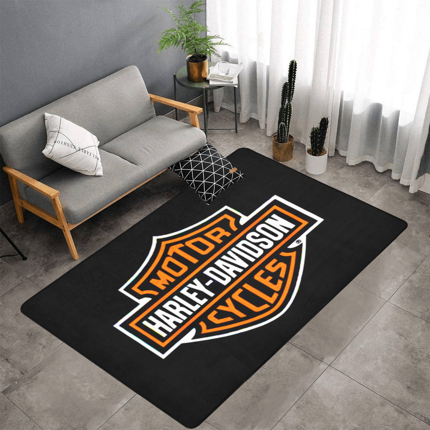 PERSONALISED HARLEY DAVIDSON MOTORCYCLES RUG IN BLACK AND ORANGE GIFT FOR HIM 