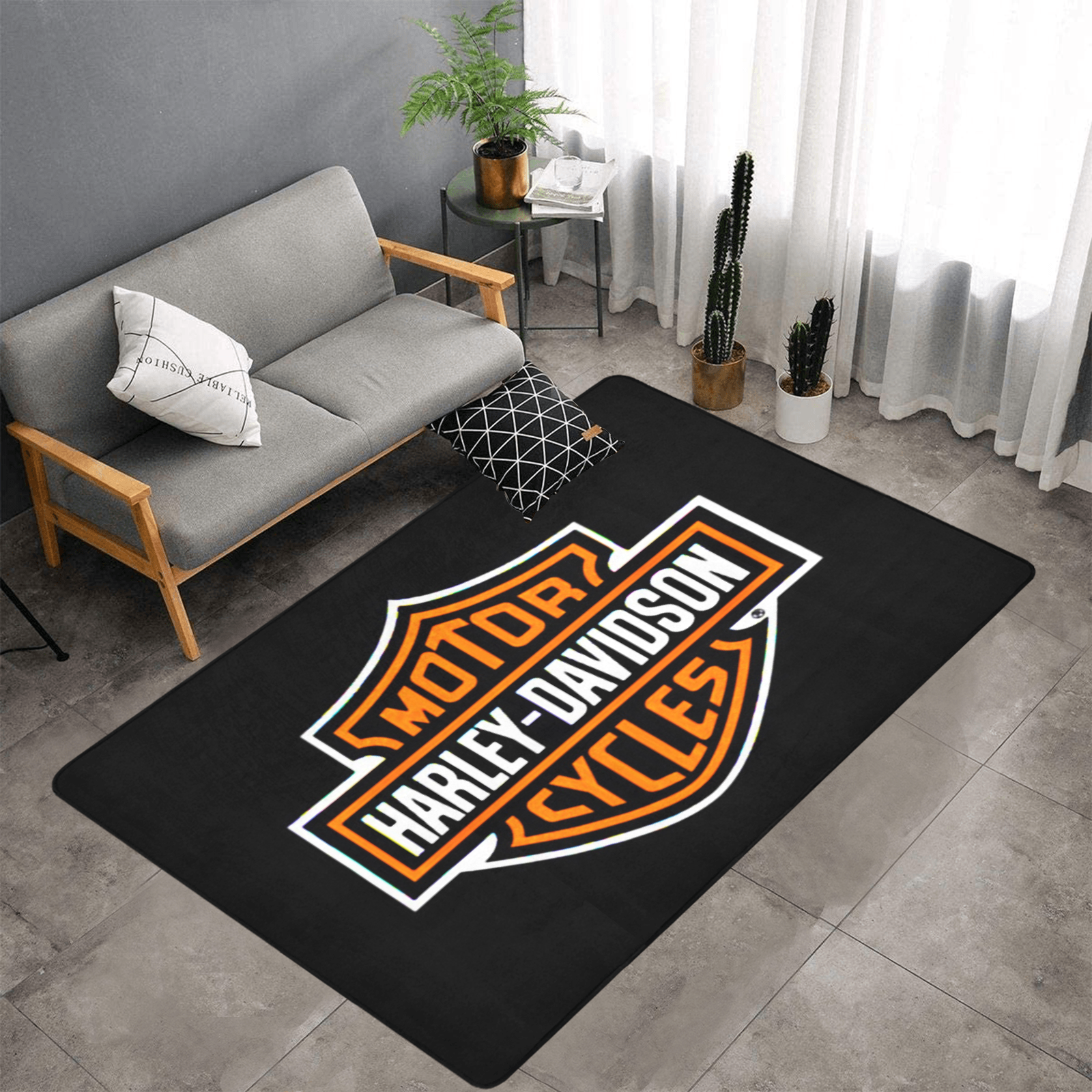 PERSONALISED HARLEY DAVIDSON MOTORCYCLES RUG IN BLACK AND ORANGE GIFT FOR HIM 