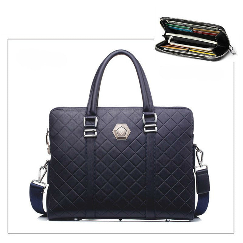 Men's Fashion Casual Wear Cowhide Leather Rhombus Zipper Bag